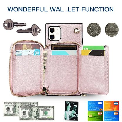 For iPhone 11 Cell Phone Case Bump Proof TPU+PU Cover with Long Strap