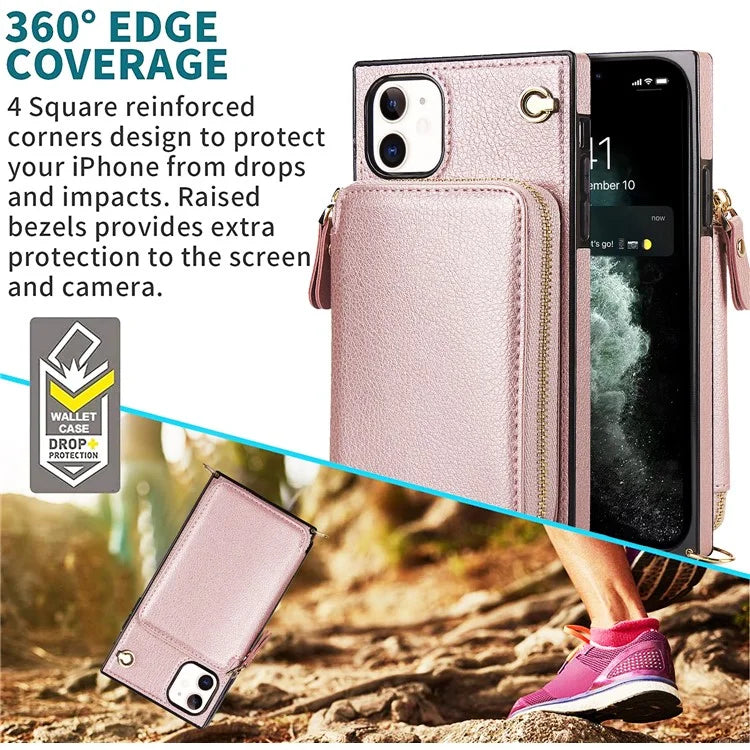 For iPhone 11 Cell Phone Case Bump Proof TPU+PU Cover with Long Strap