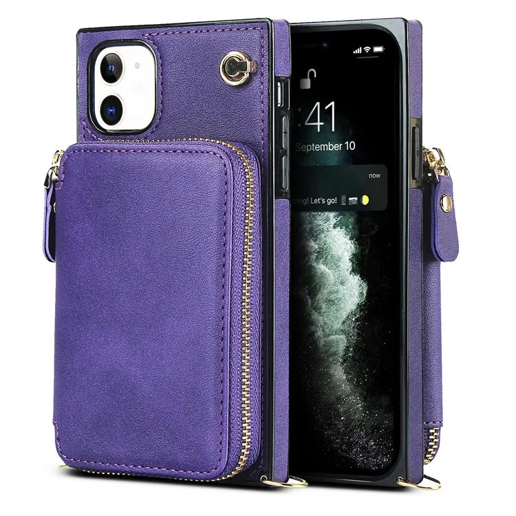 For iPhone 11 Cell Phone Case Bump Proof TPU+PU Cover with Long Strap