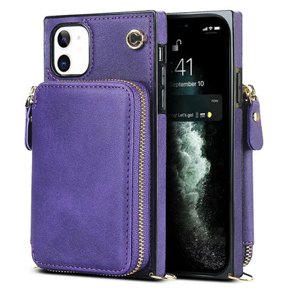 For iPhone 11 Cell Phone Case Bump Proof TPU+PU Cover with Long Strap