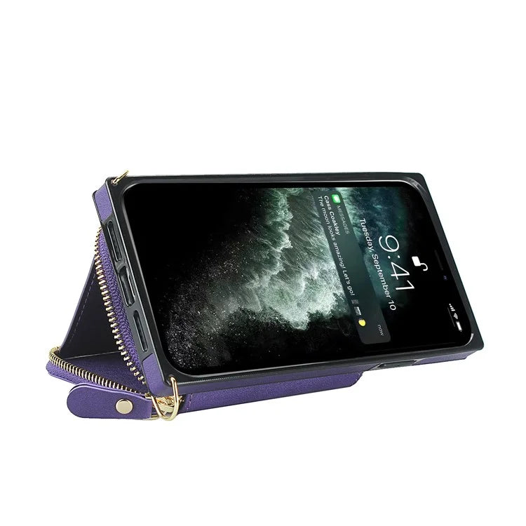 For iPhone 11 Cell Phone Case Bump Proof TPU+PU Cover with Long Strap