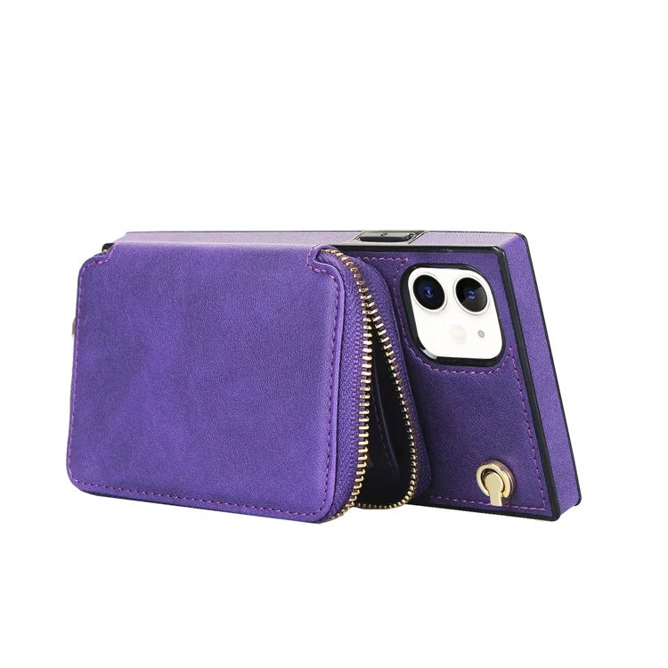 For iPhone 11 Cell Phone Case Bump Proof TPU+PU Cover with Long Strap