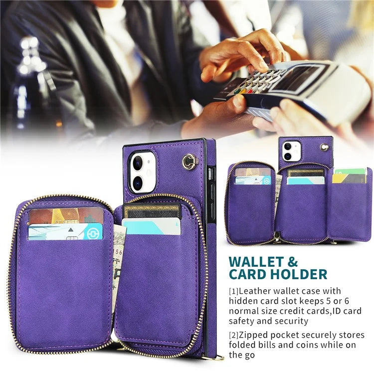 For iPhone 11 Cell Phone Case Bump Proof TPU+PU Cover with Long Strap