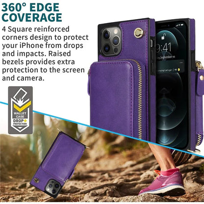 For iPhone 15 Pro Cell Phone Kickstand Shell TPU+PU Cover with Long Strap