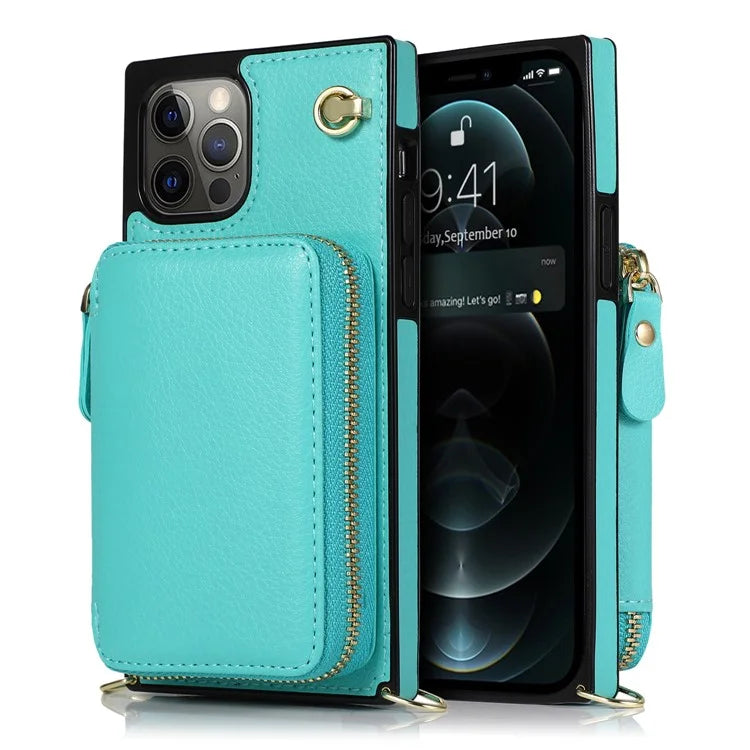 For iPhone 15 Pro Cell Phone Kickstand Shell TPU+PU Cover with Long Strap