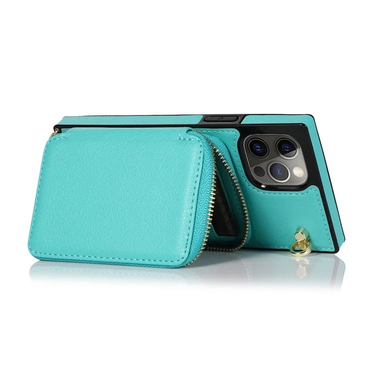 For iPhone 15 Pro Cell Phone Kickstand Shell TPU+PU Cover with Long Strap