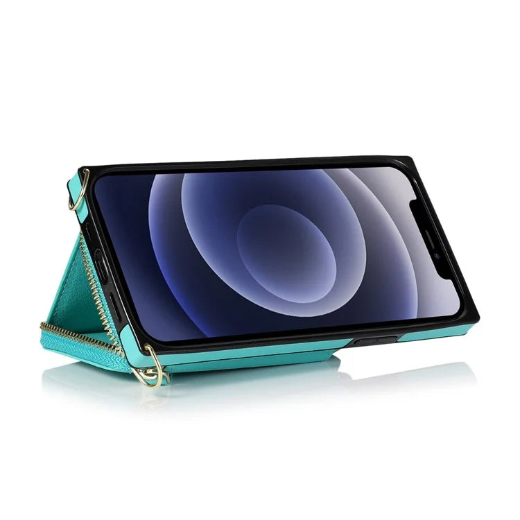 For iPhone 15 Pro Cell Phone Kickstand Shell TPU+PU Cover with Long Strap