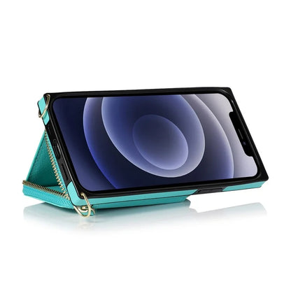 For iPhone 15 Pro Cell Phone Kickstand Shell TPU+PU Cover with Long Strap