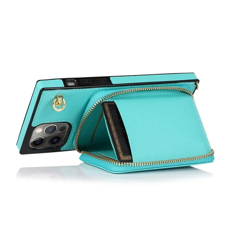 For iPhone 15 Pro Cell Phone Kickstand Shell TPU+PU Cover with Long Strap