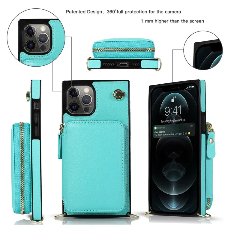 For iPhone 15 Pro Cell Phone Kickstand Shell TPU+PU Cover with Long Strap