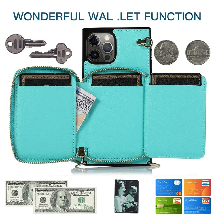 For iPhone 15 Pro Cell Phone Kickstand Shell TPU+PU Cover with Long Strap