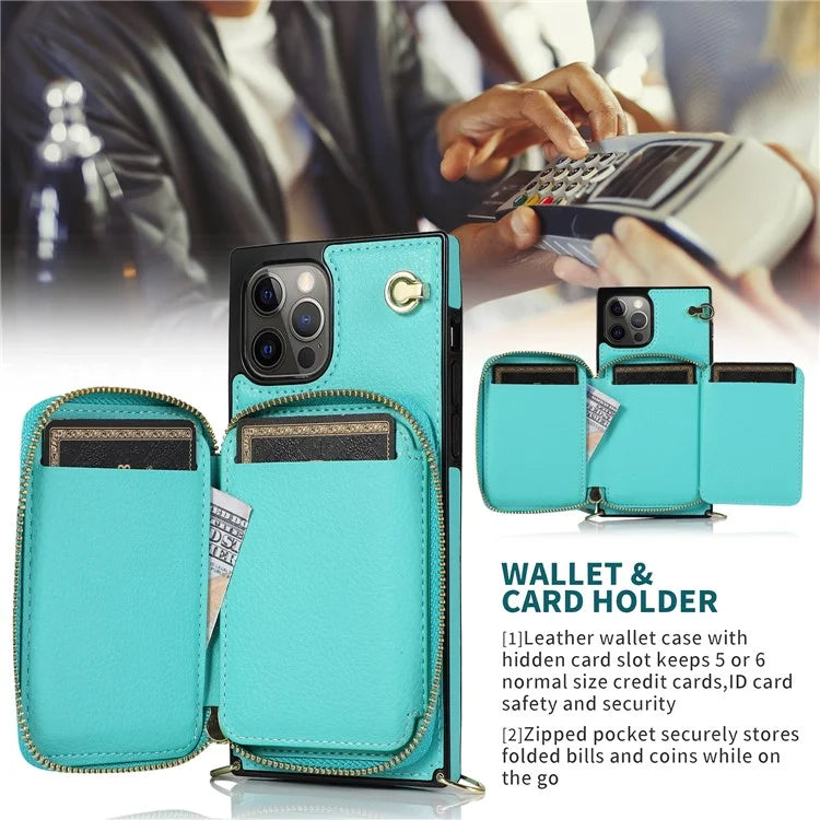 For iPhone 15 Pro Cell Phone Kickstand Shell TPU+PU Cover with Long Strap