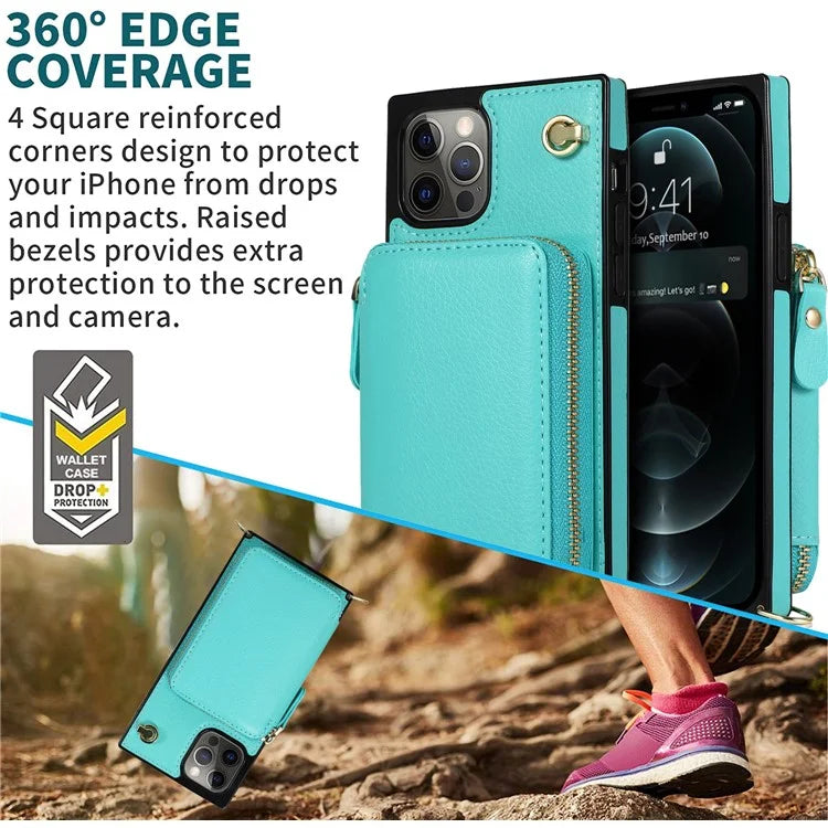 For iPhone 15 Pro Cell Phone Kickstand Shell TPU+PU Cover with Long Strap