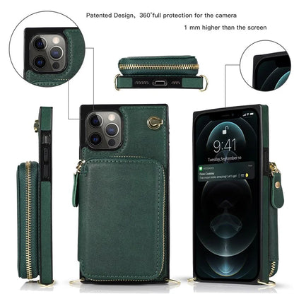 For iPhone 15 Pro Cell Phone Kickstand Shell TPU+PU Cover with Long Strap