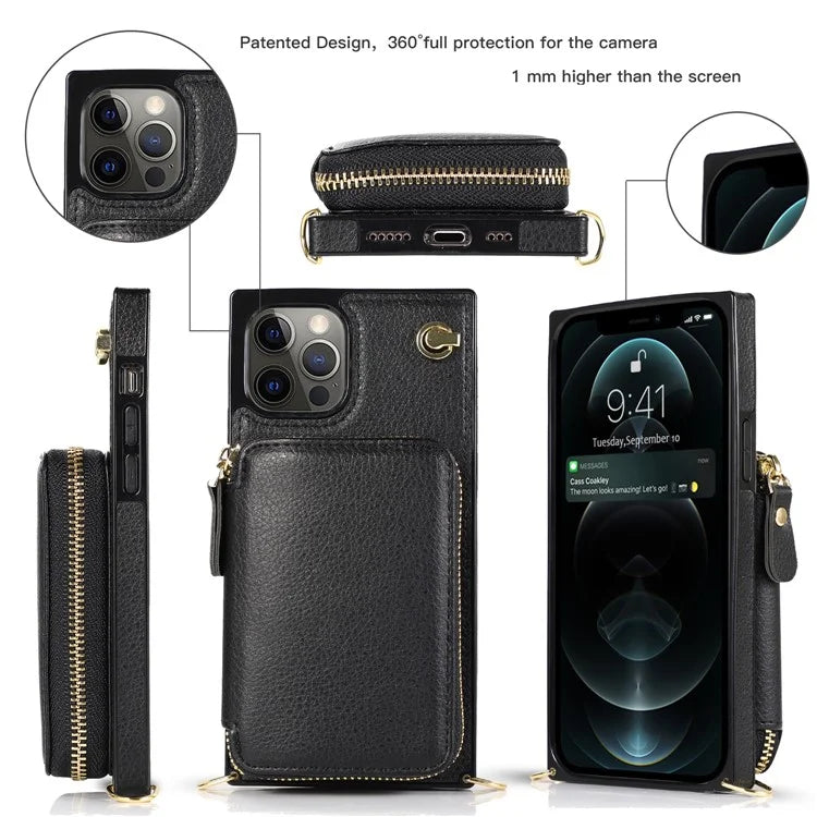 For iPhone 13 Pro Cell Phone Kickstand Shell Scratch Resistant TPU+PU Cover with Long Strap