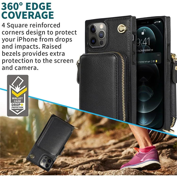 For iPhone 13 Pro Cell Phone Kickstand Shell Scratch Resistant TPU+PU Cover with Long Strap
