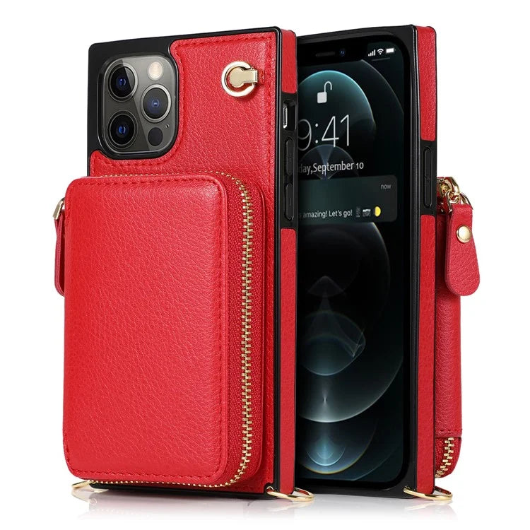For iPhone 13 Pro Cell Phone Kickstand Shell Scratch Resistant TPU+PU Cover with Long Strap