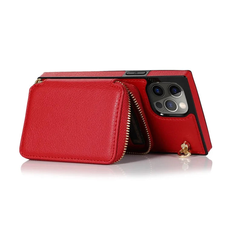For iPhone 13 Pro Cell Phone Kickstand Shell Scratch Resistant TPU+PU Cover with Long Strap