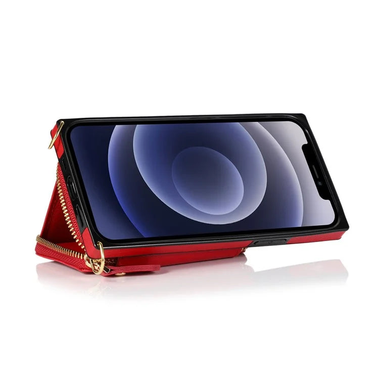 For iPhone 13 Pro Cell Phone Kickstand Shell Scratch Resistant TPU+PU Cover with Long Strap