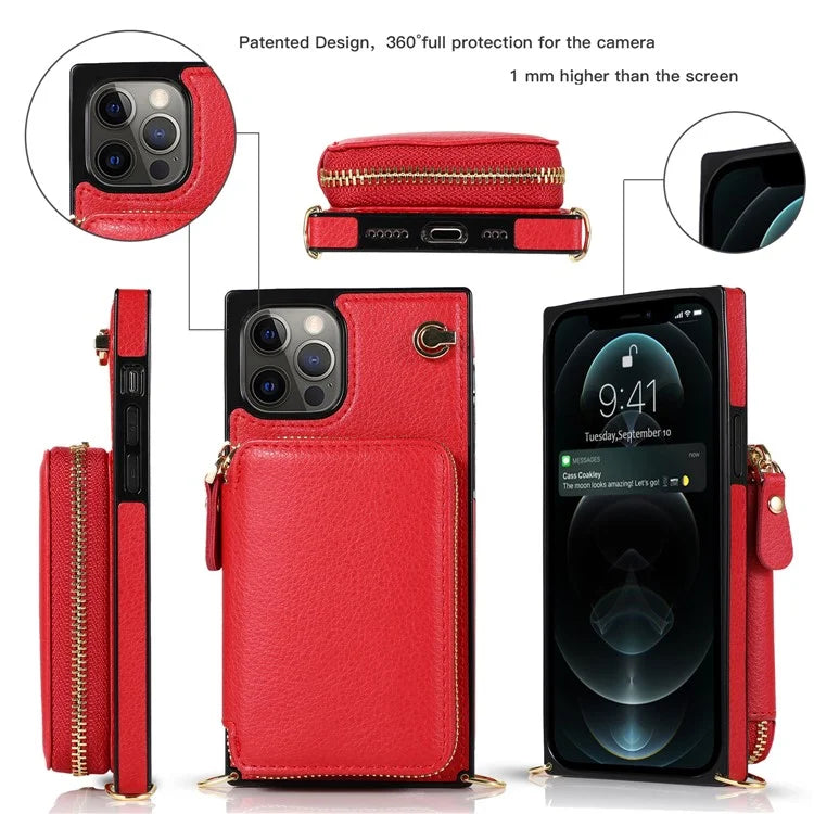 For iPhone 13 Pro Cell Phone Kickstand Shell Scratch Resistant TPU+PU Cover with Long Strap