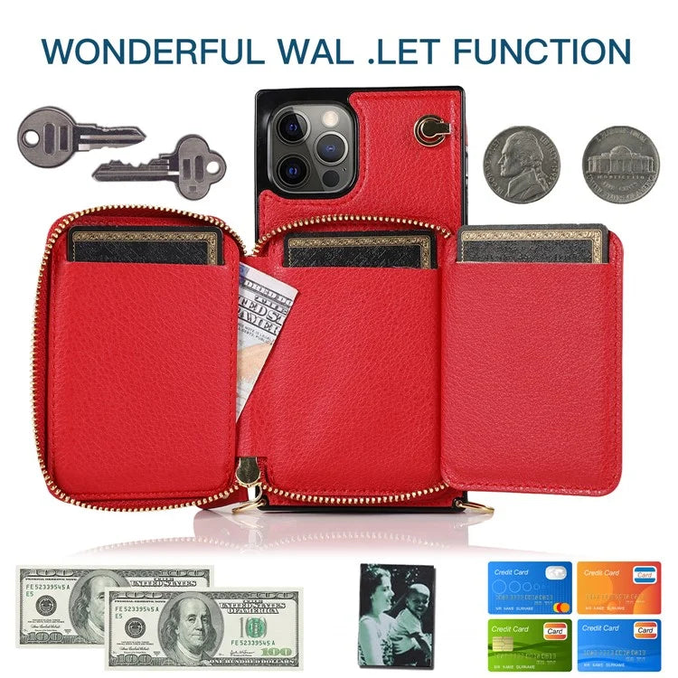 For iPhone 13 Pro Cell Phone Kickstand Shell Scratch Resistant TPU+PU Cover with Long Strap