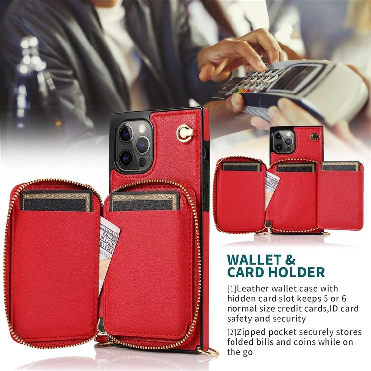 For iPhone 13 Pro Cell Phone Kickstand Shell Scratch Resistant TPU+PU Cover with Long Strap