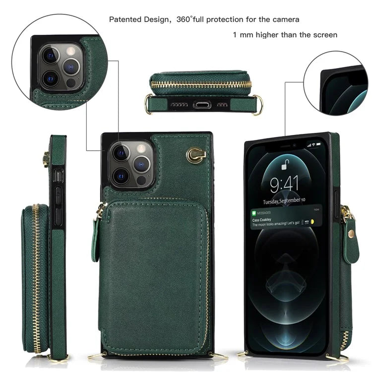 For iPhone 13 Pro Cell Phone Kickstand Shell Scratch Resistant TPU+PU Cover with Long Strap