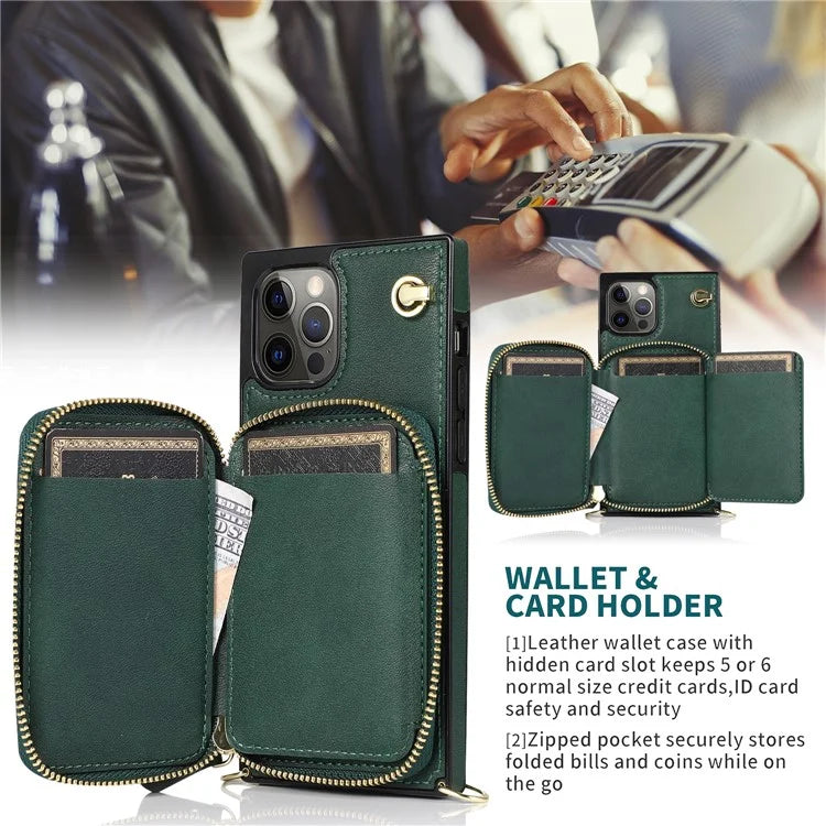 For iPhone 13 Pro Cell Phone Kickstand Shell Scratch Resistant TPU+PU Cover with Long Strap