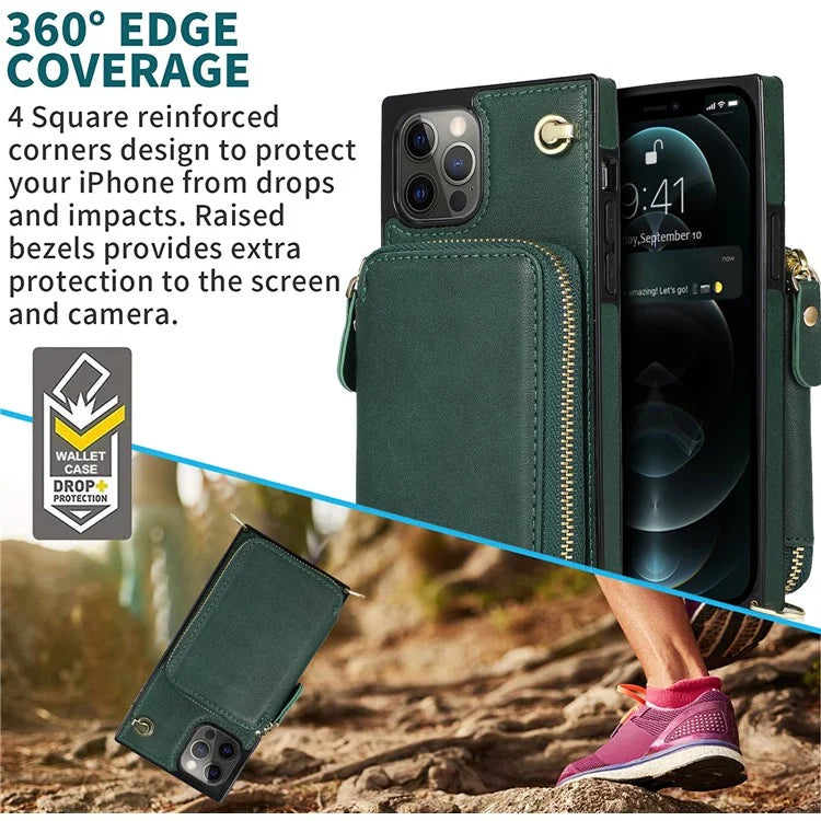 For iPhone 13 Pro Cell Phone Kickstand Shell Scratch Resistant TPU+PU Cover with Long Strap
