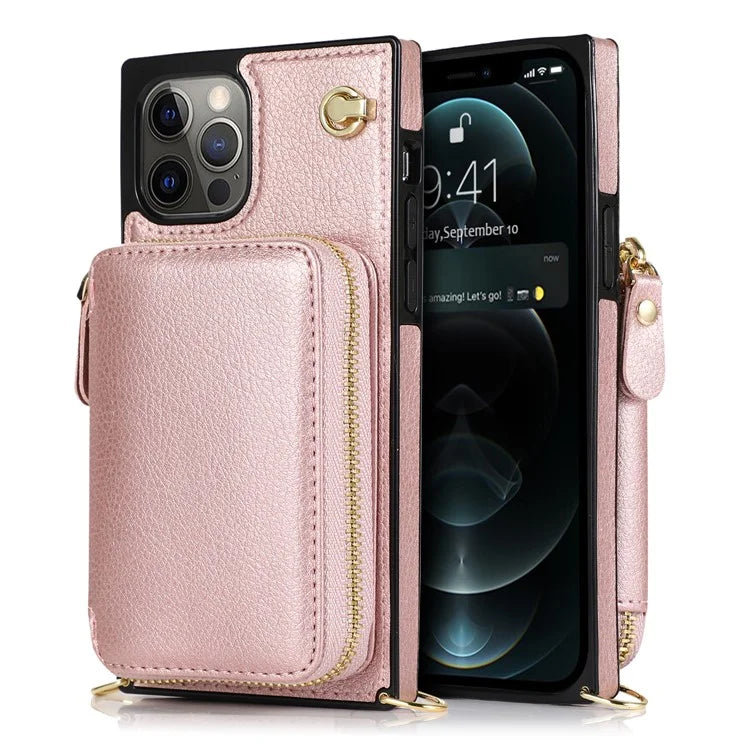 For iPhone 13 Pro Cell Phone Kickstand Shell Scratch Resistant TPU+PU Cover with Long Strap