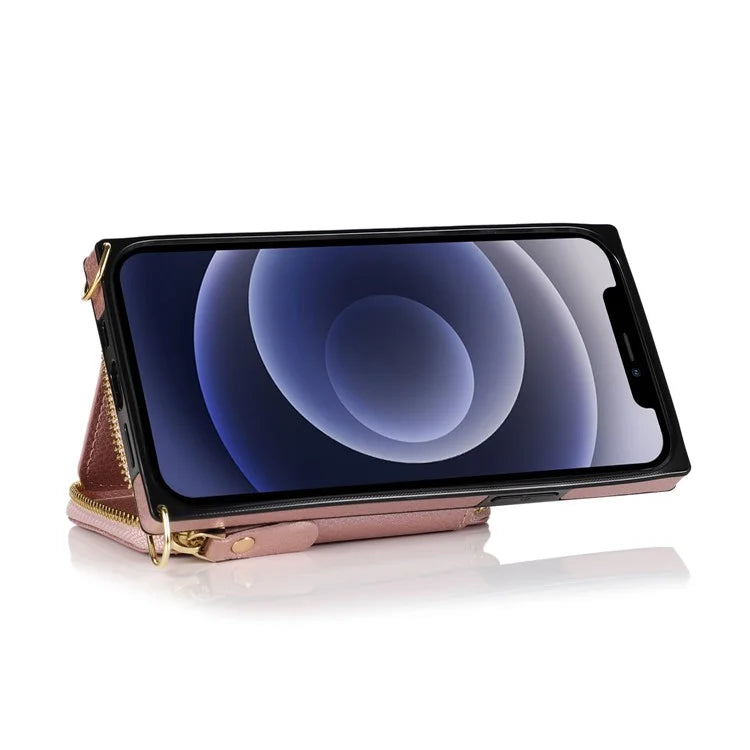 For iPhone 13 Pro Cell Phone Kickstand Shell Scratch Resistant TPU+PU Cover with Long Strap
