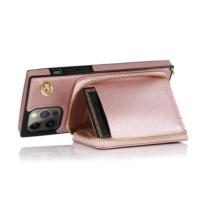 For iPhone 13 Pro Cell Phone Kickstand Shell Scratch Resistant TPU+PU Cover with Long Strap