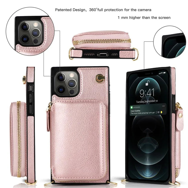 For iPhone 13 Pro Cell Phone Kickstand Shell Scratch Resistant TPU+PU Cover with Long Strap