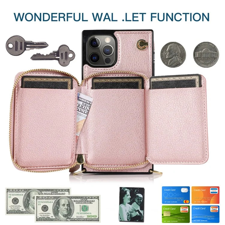For iPhone 13 Pro Cell Phone Kickstand Shell Scratch Resistant TPU+PU Cover with Long Strap