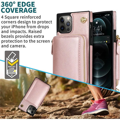 For iPhone 13 Pro Cell Phone Kickstand Shell Scratch Resistant TPU+PU Cover with Long Strap