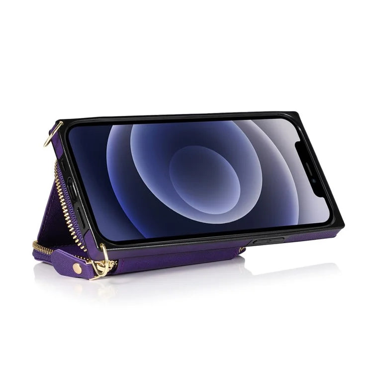 For iPhone 13 Pro Cell Phone Kickstand Shell Scratch Resistant TPU+PU Cover with Long Strap