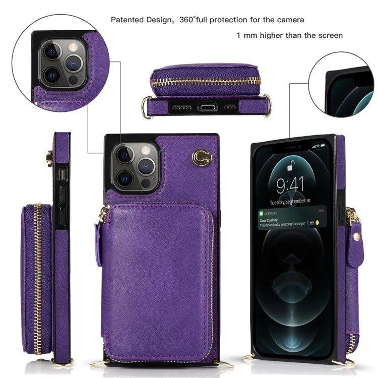 For iPhone 13 Pro Cell Phone Kickstand Shell Scratch Resistant TPU+PU Cover with Long Strap