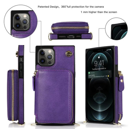 For iPhone 13 Pro Cell Phone Kickstand Shell Scratch Resistant TPU+PU Cover with Long Strap