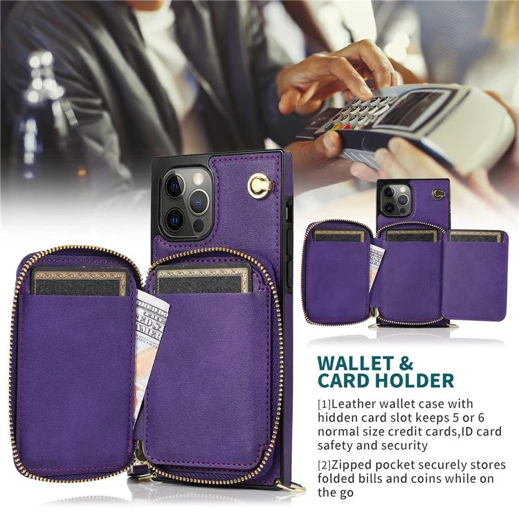 For iPhone 13 Pro Cell Phone Kickstand Shell Scratch Resistant TPU+PU Cover with Long Strap