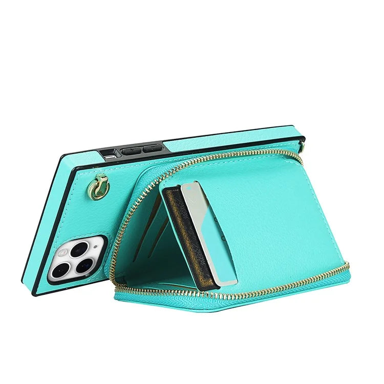For iPhone 11 Pro Max Case Kickstand PU Leather Coated TPU Cell Phone Cover with Long Strap
