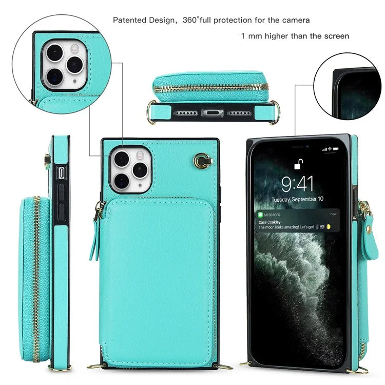 For iPhone 11 Pro Max Case Kickstand PU Leather Coated TPU Cell Phone Cover with Long Strap