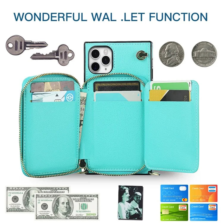 For iPhone 11 Pro Max Case Kickstand PU Leather Coated TPU Cell Phone Cover with Long Strap