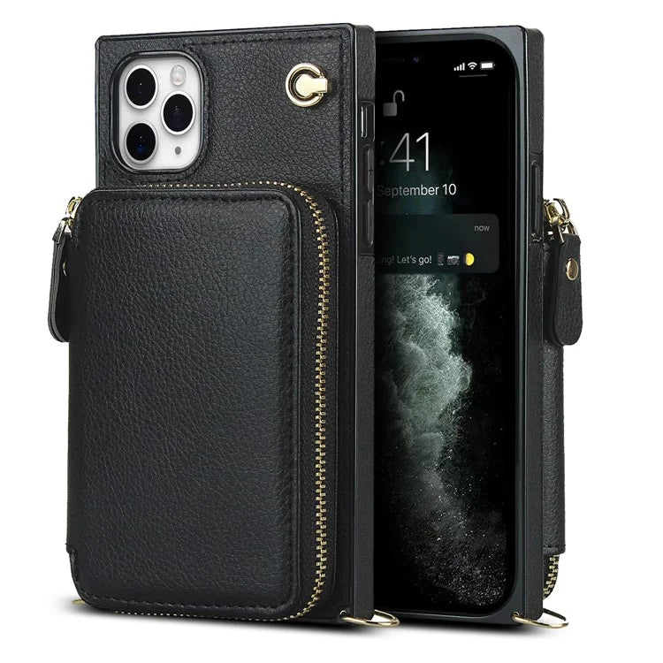 For iPhone 11 Pro Max Case Kickstand PU Leather Coated TPU Cell Phone Cover with Long Strap