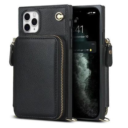 For iPhone 11 Pro Max Case Kickstand PU Leather Coated TPU Cell Phone Cover with Long Strap