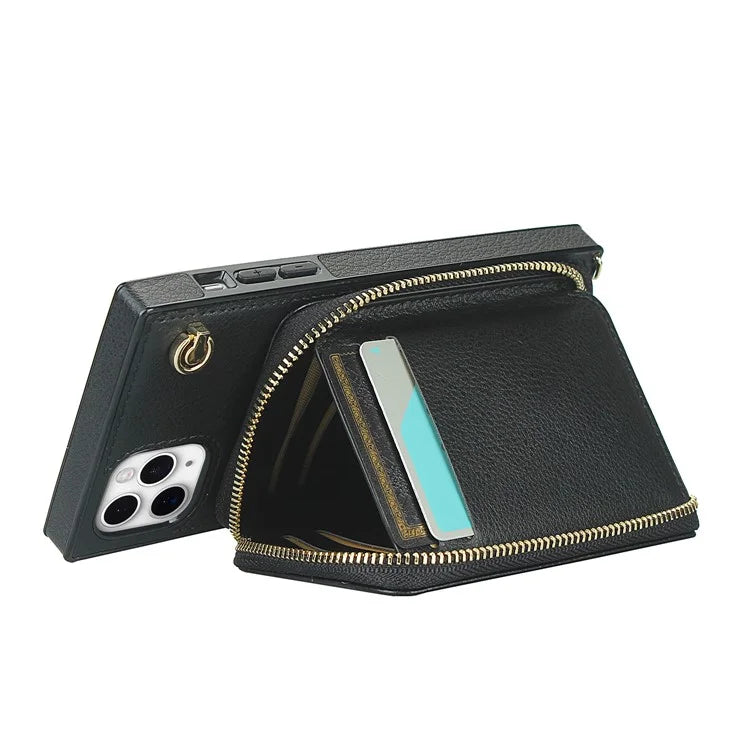 For iPhone 11 Pro Max Case Kickstand PU Leather Coated TPU Cell Phone Cover with Long Strap