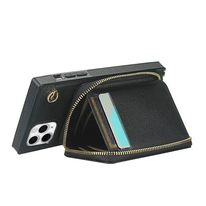 For iPhone 11 Pro Max Case Kickstand PU Leather Coated TPU Cell Phone Cover with Long Strap