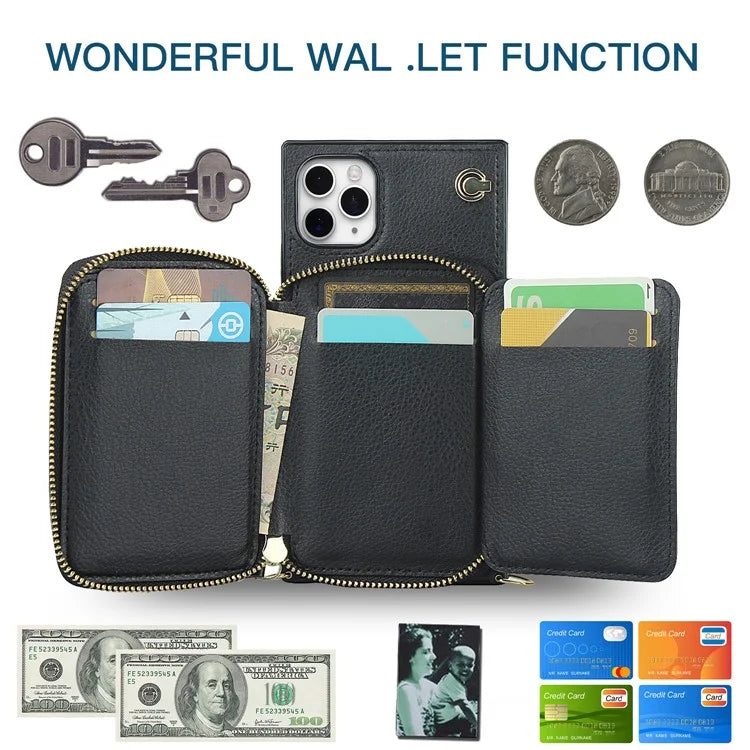 For iPhone 11 Pro Max Case Kickstand PU Leather Coated TPU Cell Phone Cover with Long Strap