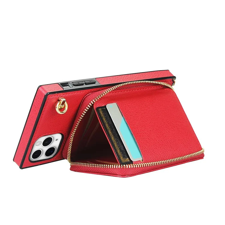 For iPhone 11 Pro Max Case Kickstand PU Leather Coated TPU Cell Phone Cover with Long Strap