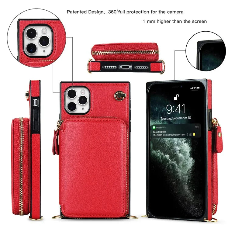 For iPhone 11 Pro Max Case Kickstand PU Leather Coated TPU Cell Phone Cover with Long Strap