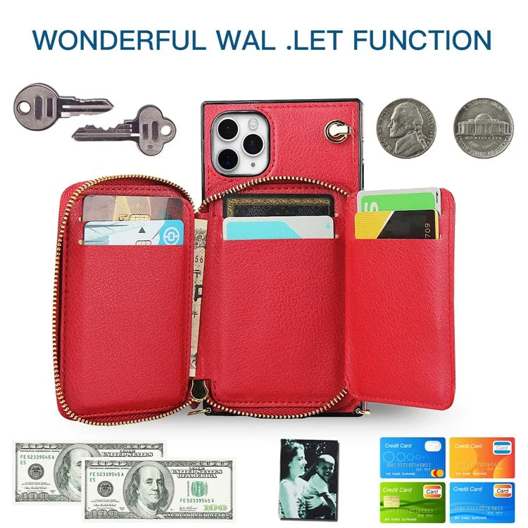 For iPhone 11 Pro Max Case Kickstand PU Leather Coated TPU Cell Phone Cover with Long Strap